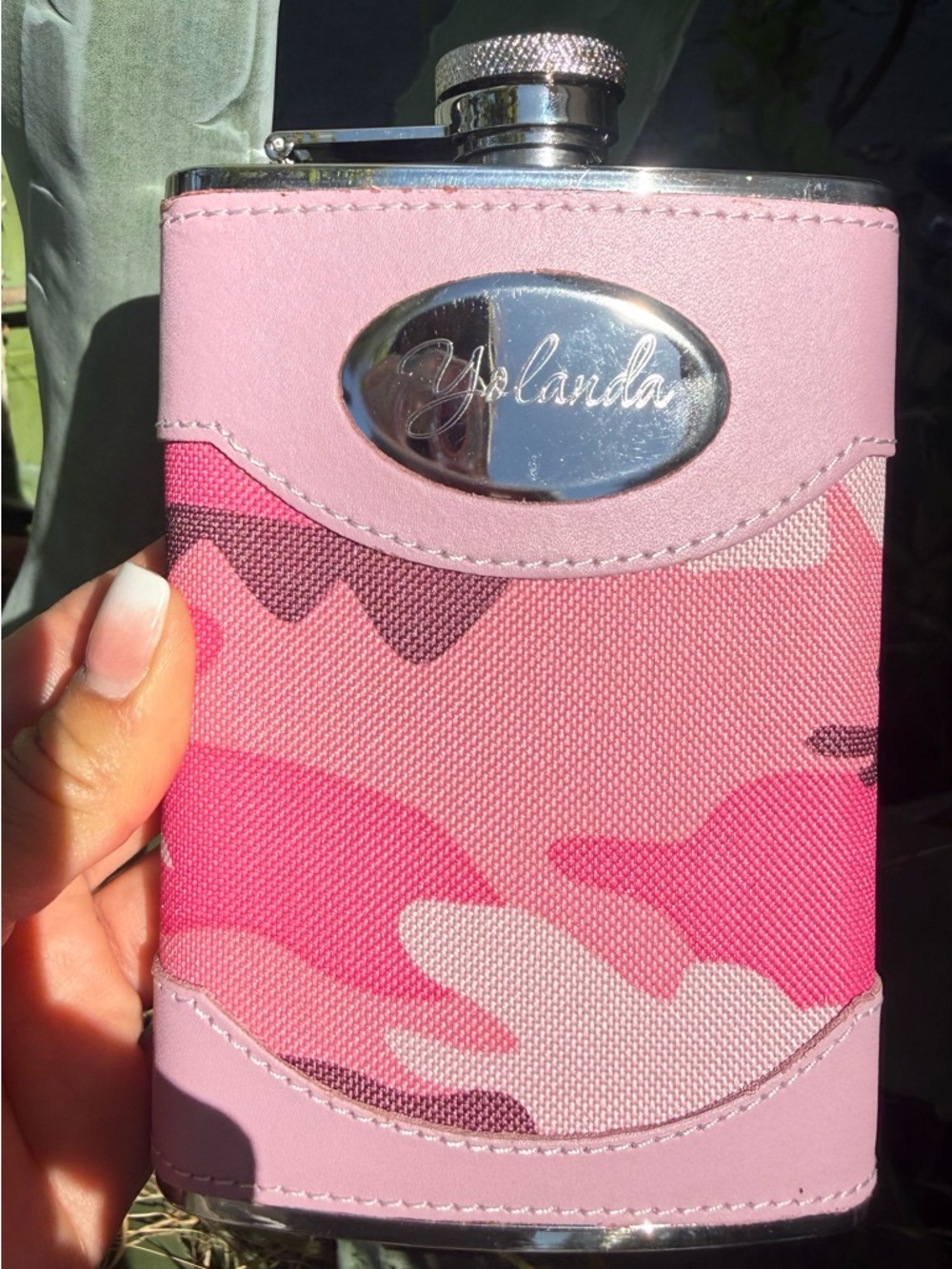 Pink Camo Personalized Flask with Silver Nameplate